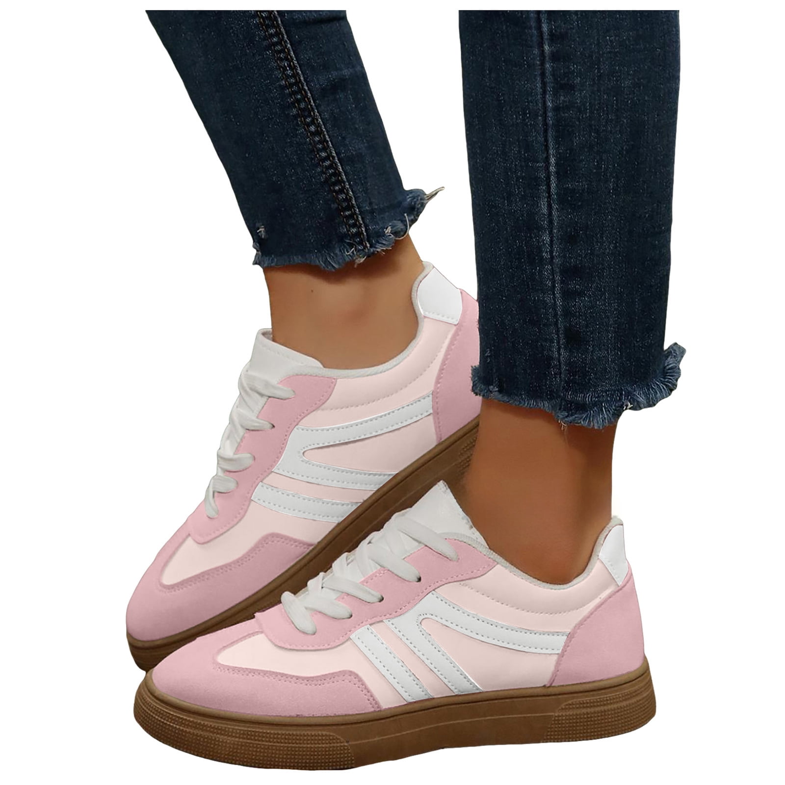 Flat Shoes for Women Vintage Classic Thick Sole Trainers Skate Shoes Splice Suede Lace up Antislip Walking Tennis Shoes Low Top Sneakers Pink Size 9
