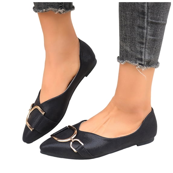 Flat Shoes for women Metal Chain Pointed Toe Ballet Shoes Slip on Work Business Dress Shoes Casual Soft Walking Shoes Black Size 10