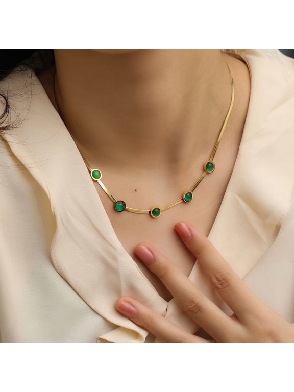 Flat Snake Chain Choker 14K Gold Filled Necklace for Women, Green CZ Pendant Fashion Jewelry Gift
