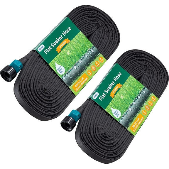 Flat Soaker Hose 100 FT for Garden Beds, 50Ft 2Packs 1/2" Linkable Consistent Drip Irrigation Hose Save 80% Water, Leakproof Heavy Duty Double Layer Sprinkler Hose