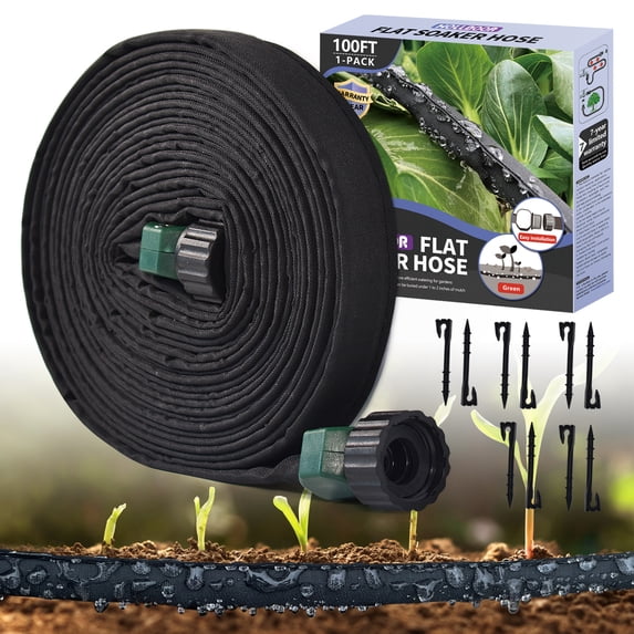 Flat Soaker Hose 100 Ft for Garden Beds with Soaker Hose Stakes, Garden Soaker Hose 100 Ft for Saving 70% Water, Drip Hose for Garden, Vegetable Beds(100FT)