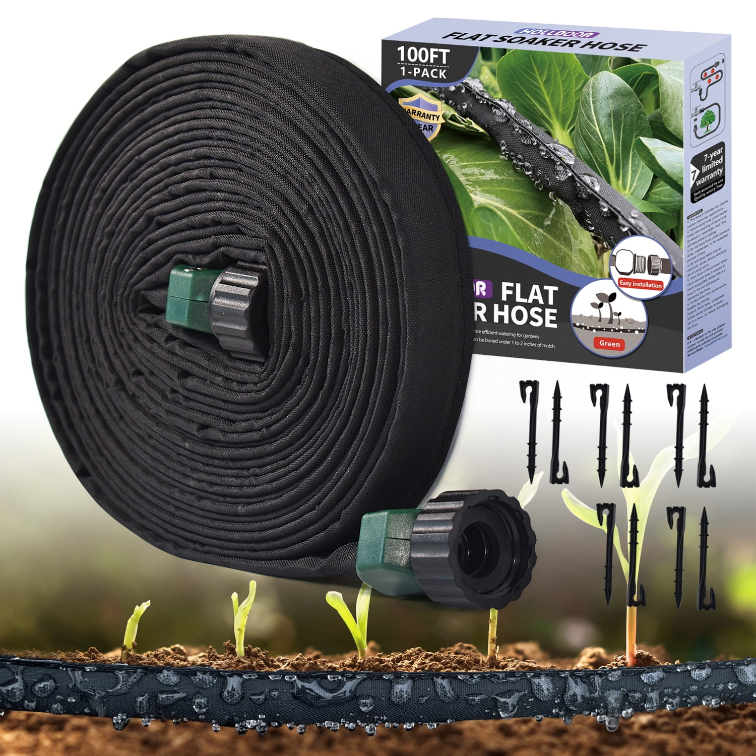 Flat Soaker Hose 100 Ft for Garden Beds with Soaker Hose Stakes, Garden ...