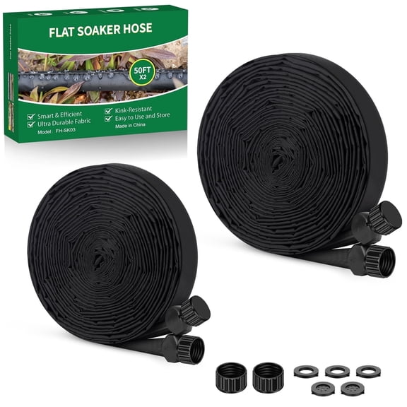 Flat Soaker Hose 100 ft (50ft*2), Save 80% of Water for Drip Irrigation System, 1/2 Linkable Consistent Drip Irrigation Hoses, Leakproof and Flexible