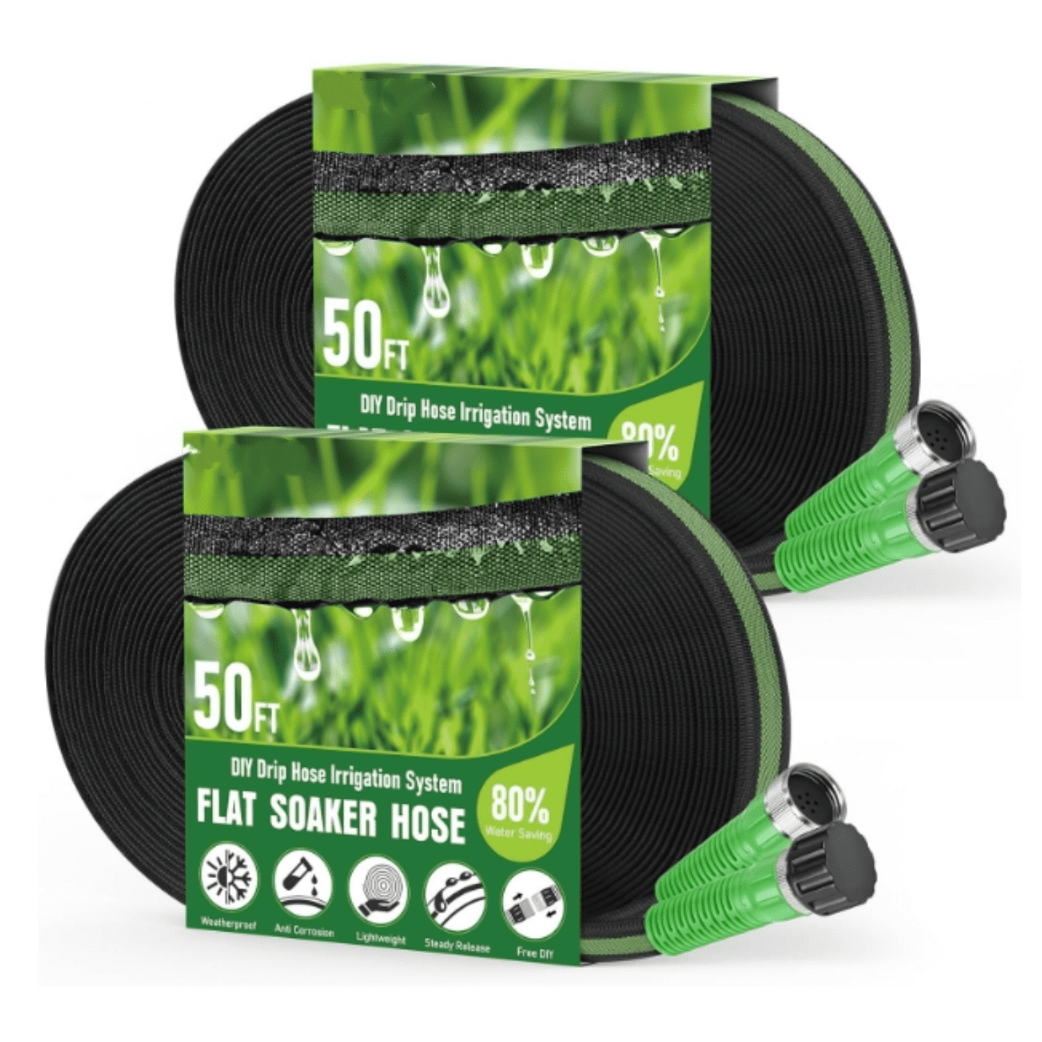 Flat Soaker Hose 100FT for Garden and Lawns, 80% Water-Saving Drip Irrigation Hose with Anodized Aluminum Ends, Flexible Leakproof Double Layer Gardening Hoses