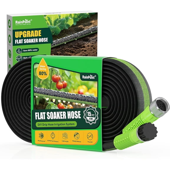 Flat Soaker Hose 15FT for Garden, Drip Hose for Garden with Anodized Aircraft Aluminum Ends, Flexible & Lightweight Soaking Hose, Save 80% Water, Green
