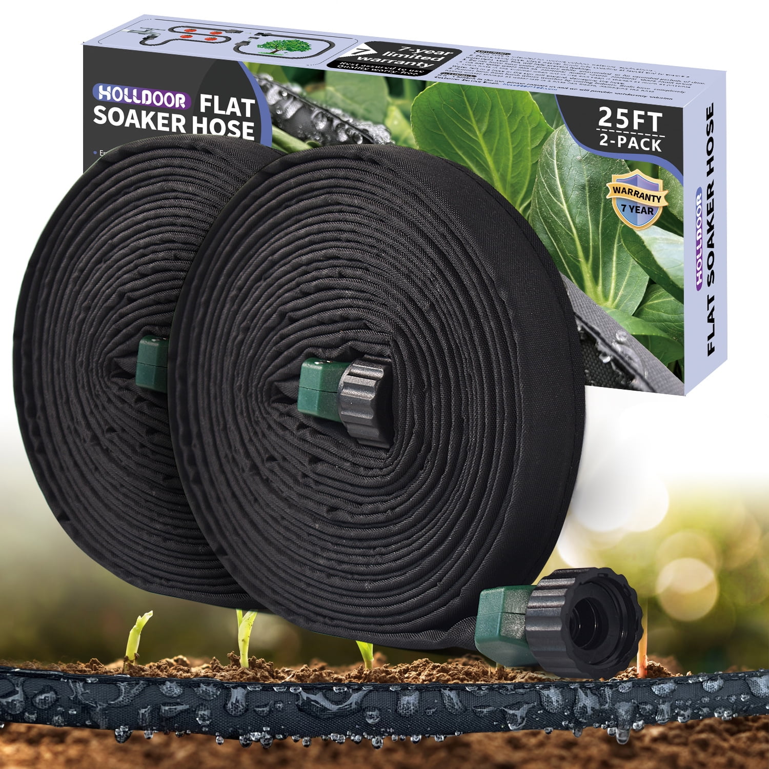 Flat Soaker Hose 25 Ft 2 pack for Garden Beds with Garden Hose Splitter, Garden Soaker Hose 25 Ft for Saving 70% Water, Drip Hose for Garden, Vegetable Beds(25FT-2PACK)