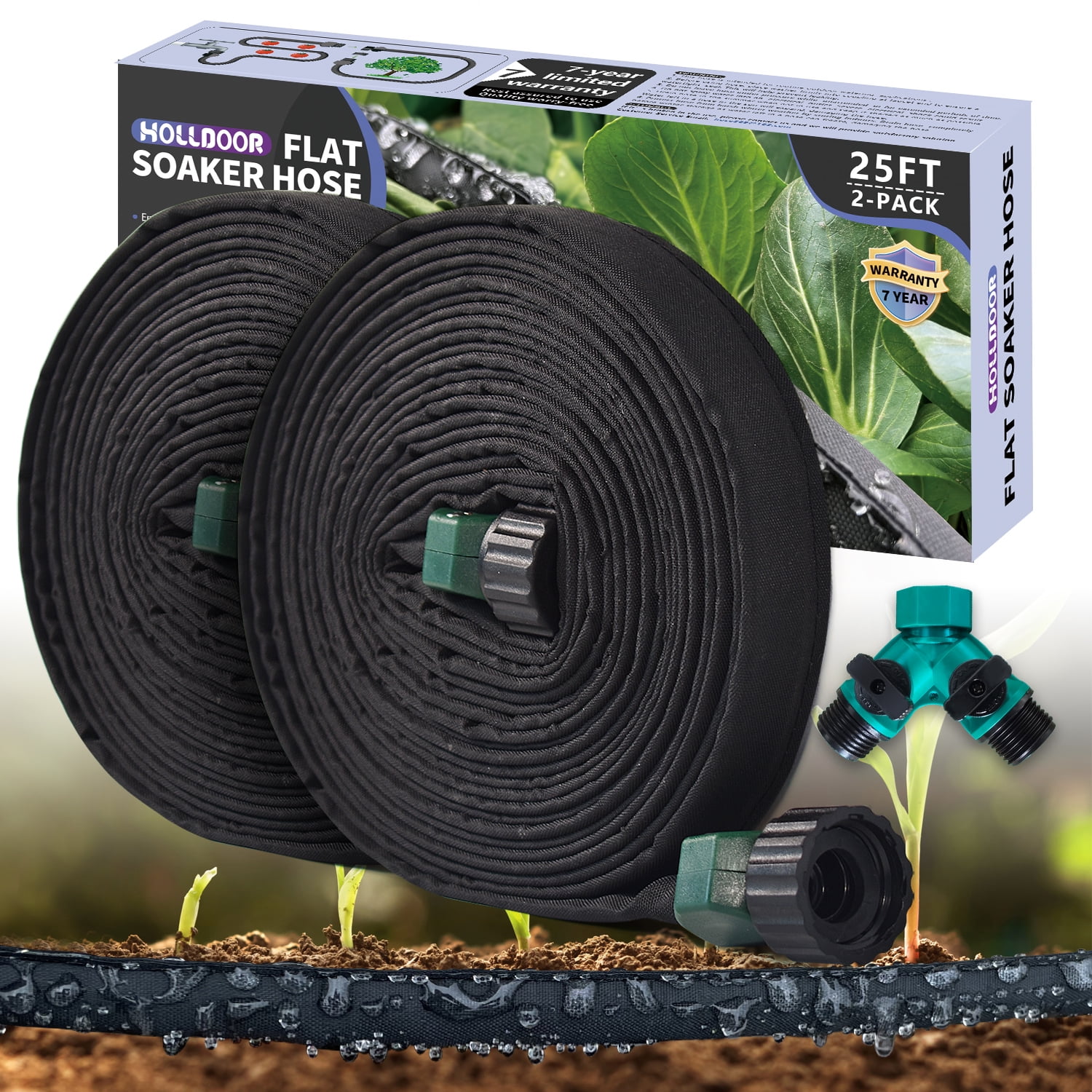 Flat Soaker Hose 25 Ft 2 pack for Garden Beds with Garden Hose Splitter