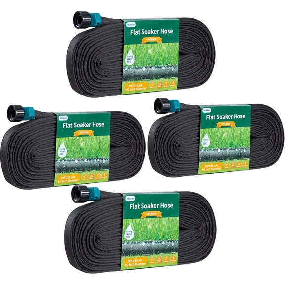 Flat Soaker Hose 50 200 FT for Garden Beds, 200FT 1/2" Linkable Consistent Drip Irrigation Hose Save 80% Water, Leakproof Heavy Duty Double Layer Sprinkler Hose
