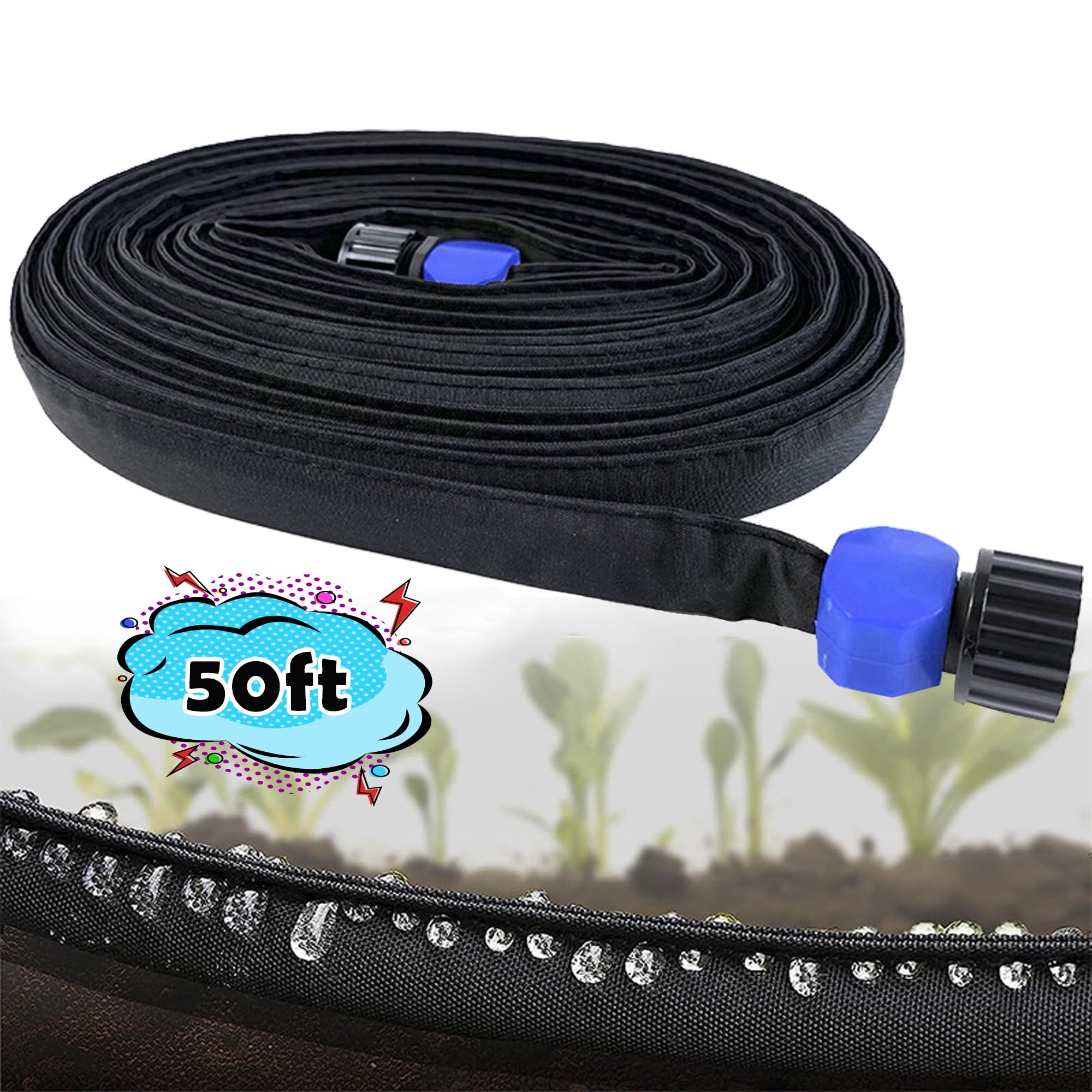 Flat Soaker Hose 50 ft for Garden Beds, 50ft 1/2" Linkable Consistent Drip Irrigation Hose Save 80% Water, Leakproof Heavy Duty Double Layer Sprinkler Hose Black