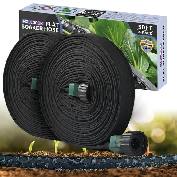 Flat Soaker Hose 50 Ft 2 pack for Garden Beds with Garden Hose Splitter, Garden Soaker Hose 100 Ft for Saving 70% Water, Drip Hose for Garden, Vegetable Beds(50FT-2PACK)