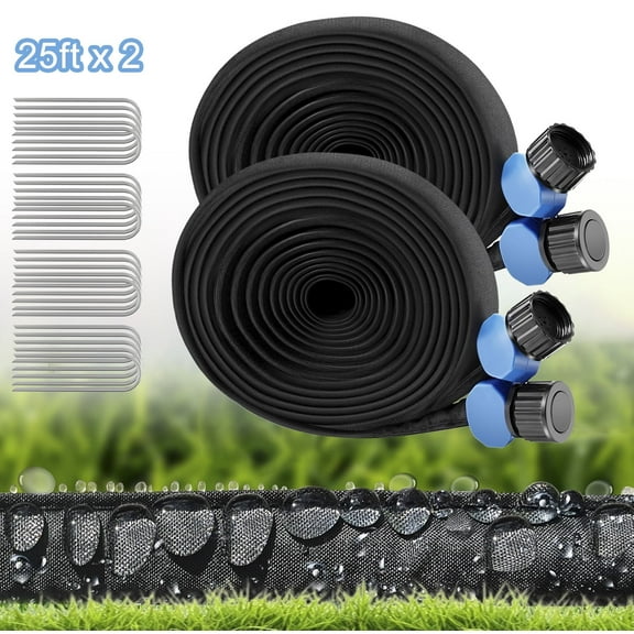Henotian Flat Soaker Hose 50 ft with Stakes for Garden, 25ft x 2 Linkable Drip Saving 80% Water, Dual-Layer Leak-Free Design Water Hose with Holes