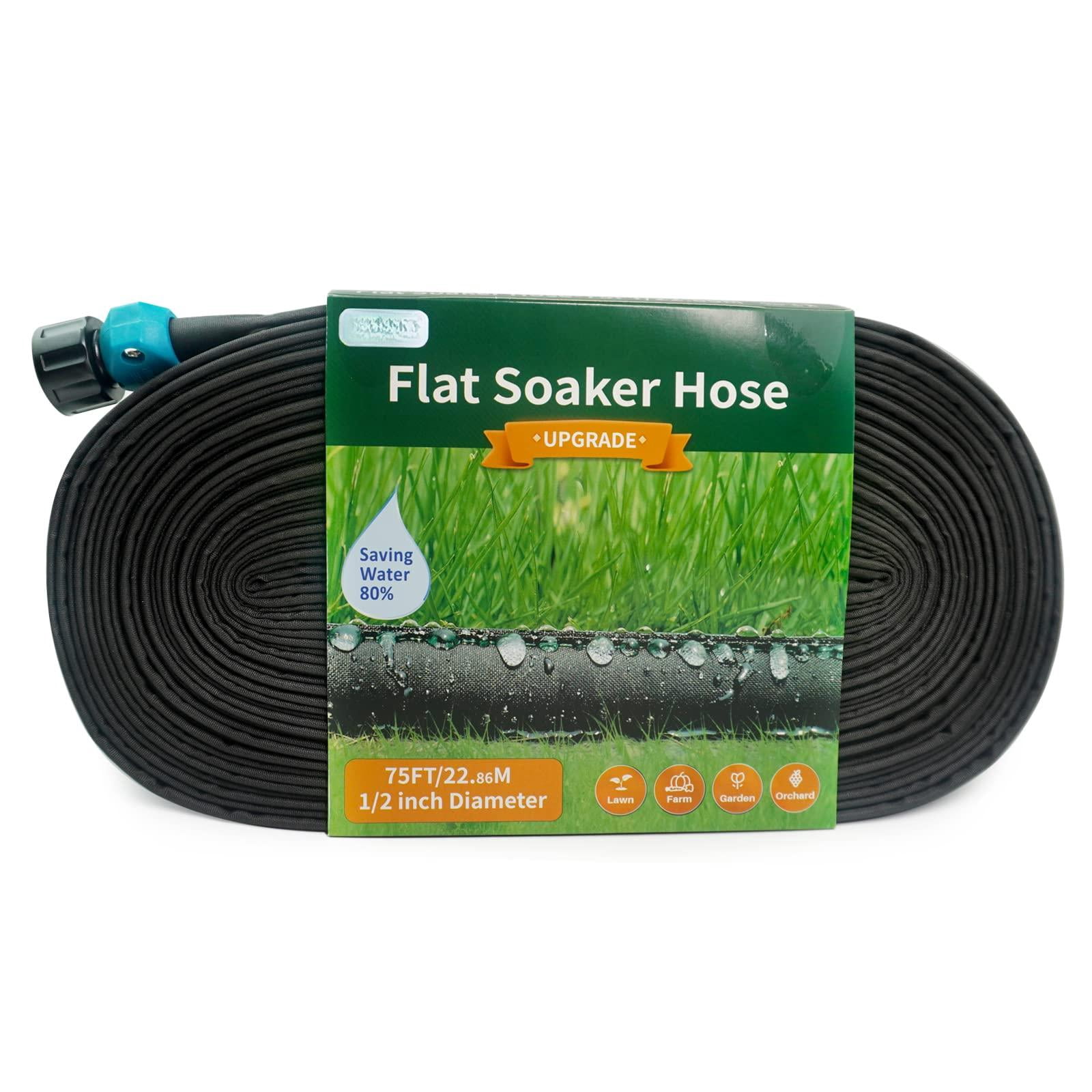 Flat Soaker Hose 75 Ft For Garden Beds  75ft 1/2" Linkable Consistent Drip Irrigation Save 80% Water Leakproof Heavy Duty Double Layer Sprinkler