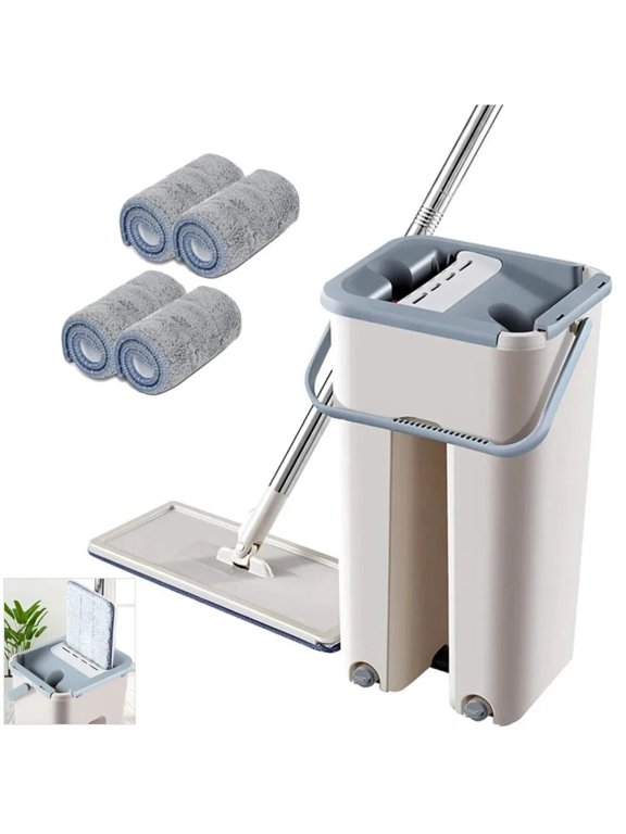 Flat Squeeze Mop and Bucket Set with Extendable Handle Spin Microfiber Wet Dry Floor Cleaning for Hardwood Laminate Tile