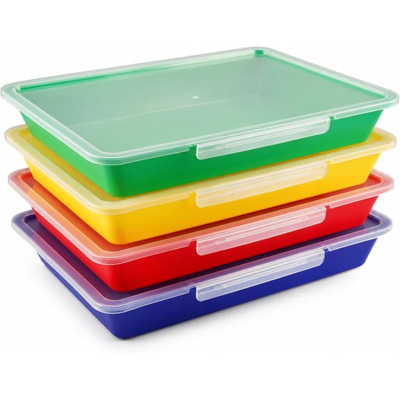 Flat Storage Bins with Lids, Letter Size Paper Storage Bins Set of 4, Stackable Classroom Turn In Bins with Secure Latching Lid, Plastic Storage Organizer for Teachers, Office & Home