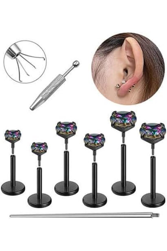 Flat Stud Earrings for Women Surgical Stainless Steel Internal Thread Tragus Helix Cartilage Conch Nose Monroe Labret Medusa /Be Equipped With Ball Grabber Tool(18G/20G - //Black/Rose )