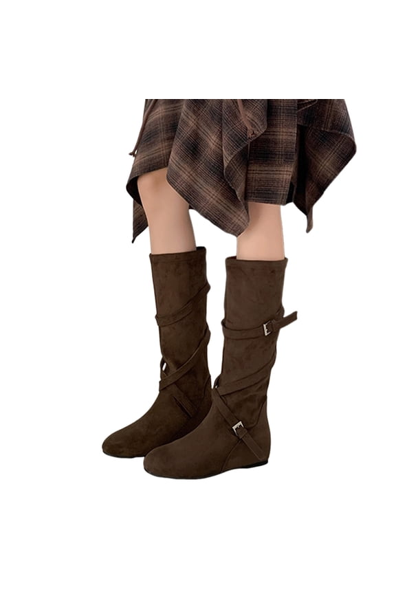 Flat Suede Knee High Boots for Women Pull On Non Slip Wide Calf Riding Booties Vintage Fall Boots with Buckle Strap Brown Size 6.5