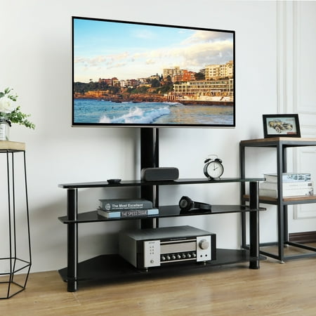 Flat TV Stand for TVs up to 70 inch, Black Glass TV Stand Shelves with Swivel Mount