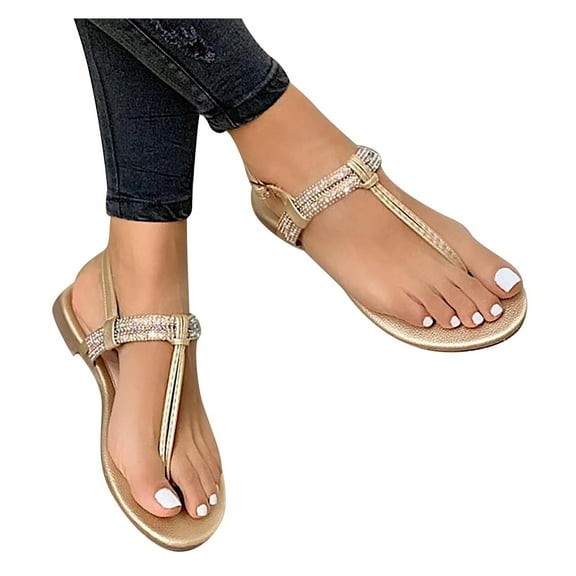 Flat Thong Sandals with T-Strap for Womens Gladiator Cute Rhinestone Summer Flat Sandals for Beach Oceanside Holiday Outdoor