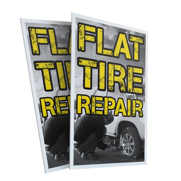 Flat Tire Repair (2-Pack) 24 Inch x 36 Inch Plastic Signs | Sign Insert 4mm Corrugated Plastic Signs Storefront Window Poster | Quick Service, Professional Mechanics, Affordable Pricing