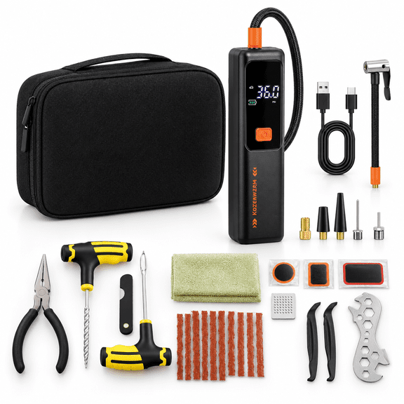 Flat Tire Repair Kit with 12V Air Compressor, 41-Piece Multi-Use Tool Set for Cars, Bicycles, ATVs and More