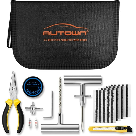 Flat Tire Repair Kit with Plugs 31 Pcs for Car, Motorcycle, ATV, Jeep, Truck, Tractor Flat Tire Puncture Repair