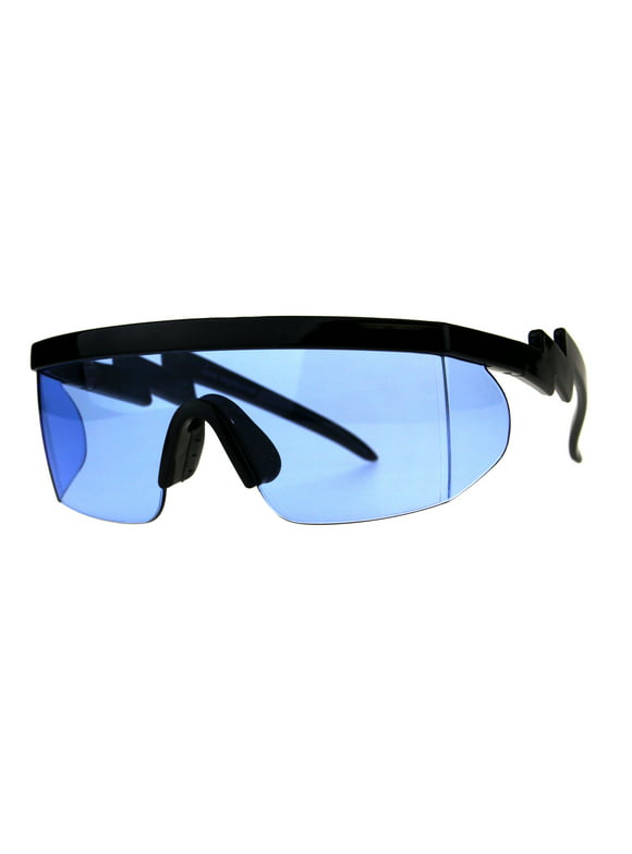 Flat Top Crooked Bolt Arm Goggle Style Pop Color Lens Shield 80s Sunglasses Black Blue