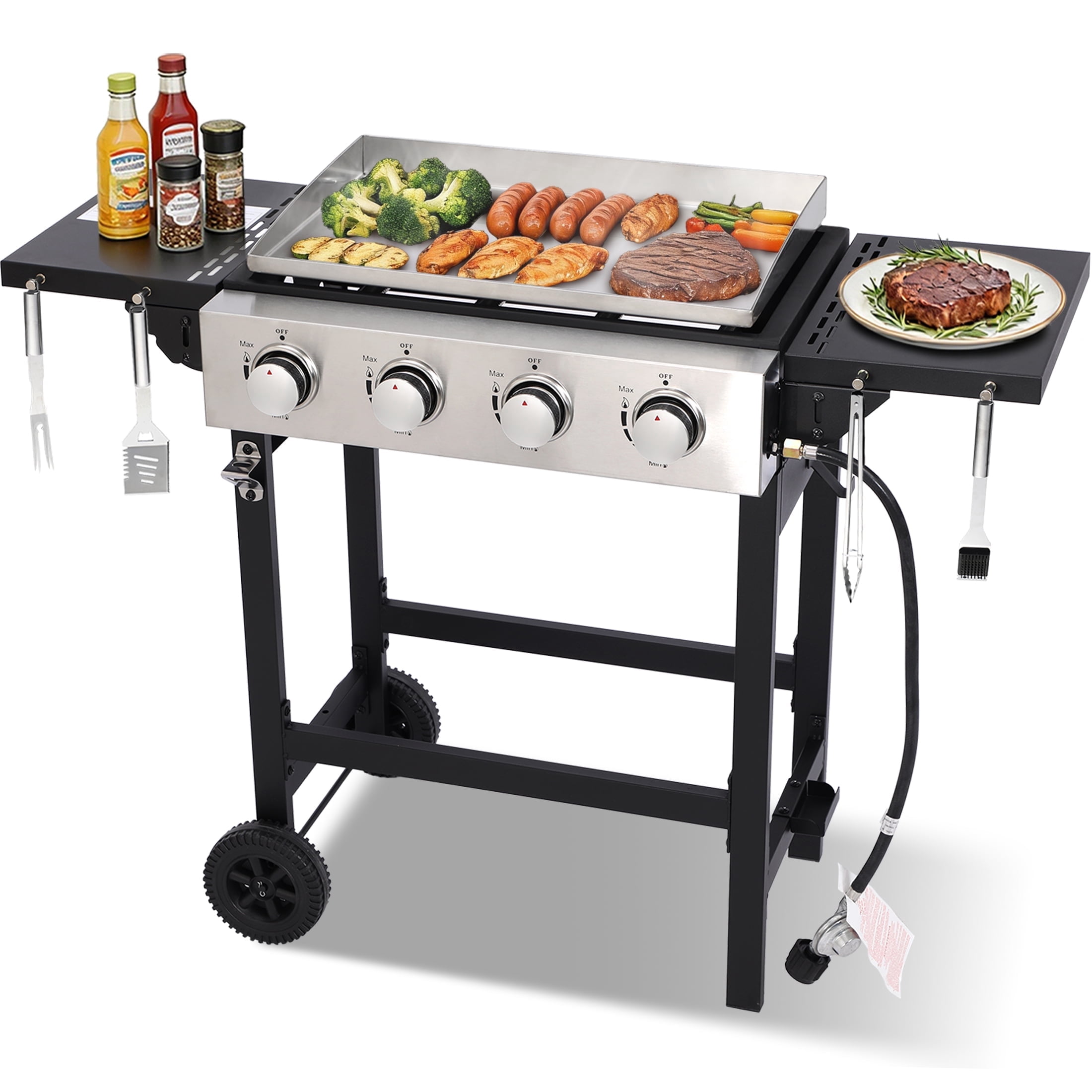 Flat Top Gas Grill 40000 BTU, 4 Burner Propane Griddle with Stainless Steel Pan, Side Shelves, and Wheels, Easy Clean