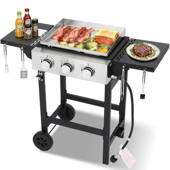 Flat Top Gas Grill Griddle, Propane Gas Griddle for BBQ Camping Backyard Tailgating Parties & Patio, 3 Burners Portable Grill Griddle for Outdoor