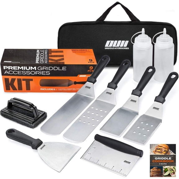 Flat Top Griddle Accessories for and Camp Chef - 9 Pieces Set with Cleaning Kit Carry Bag! Metal Spatula, Scraper Hibachi Teppanyaki Grill