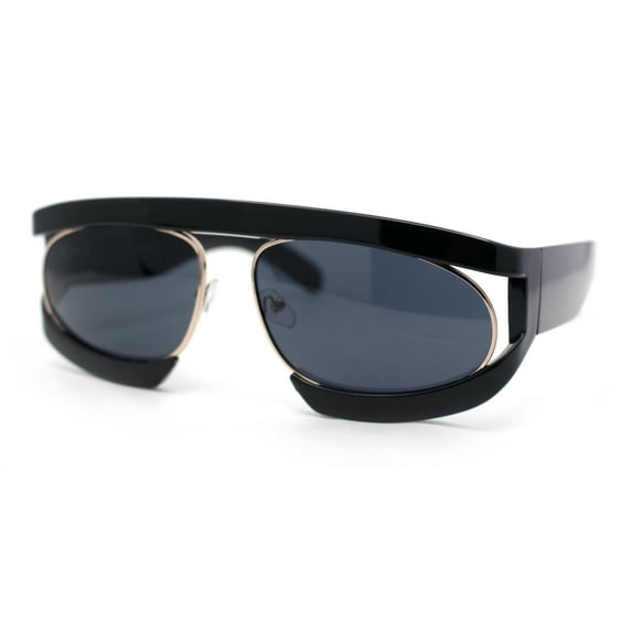 Flat Top Racer Bridgeless Rectangular Oval Double Rim Retro Sunglasses Black Gold - Black