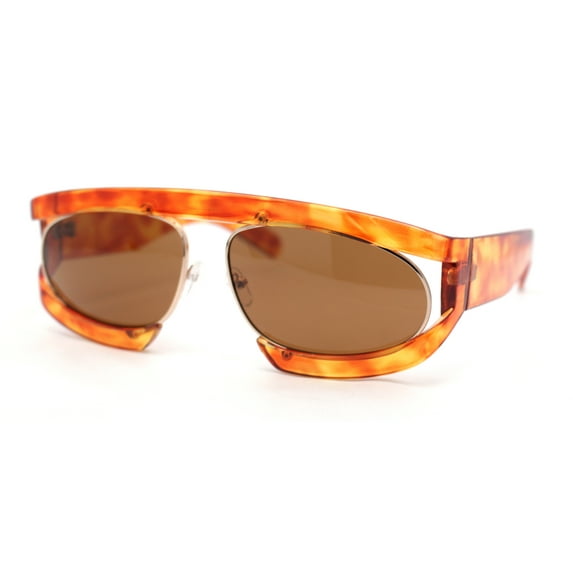 Flat Top Racer Bridgeless Rectangular Oval Double Rim Retro Sunglasses Orange Gold - Brown