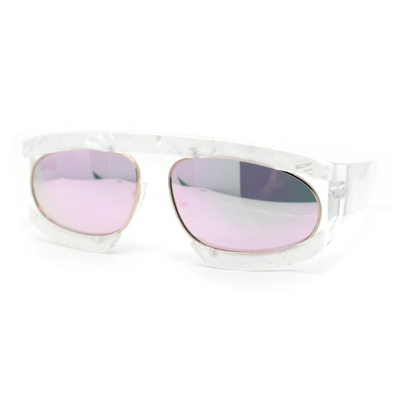 Flat Top Racer Bridgeless Rectangular Oval Double Rim Retro Sunglasses White Gold - Pink Mirror