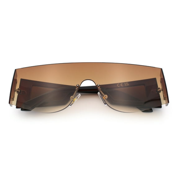 Flat Top Rimless Shield Rectangular 80s Minimalist Sunglasses All Brown