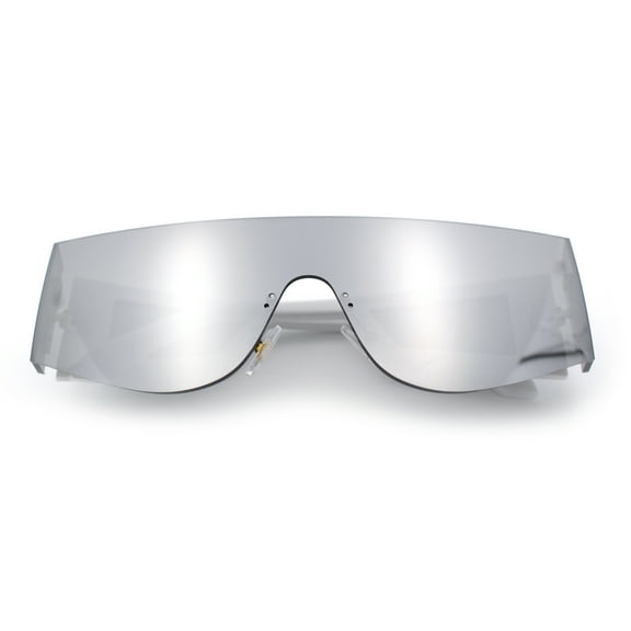 Flat Top Rimless Shield Rectangular 80s Minimalist Sunglasses White - Silver Mirror