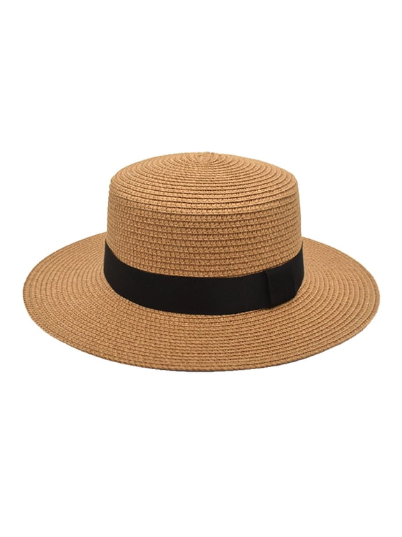 Flat Top Straw Hat, Wide Brim Beach Hat, Outdoor Sun Shade Hat, Unisex Buckle Lafite Panama Cap Lightweight Breathable Foldable Headwear for Travel Vacation Sun Protection Casual Fashion Headgear