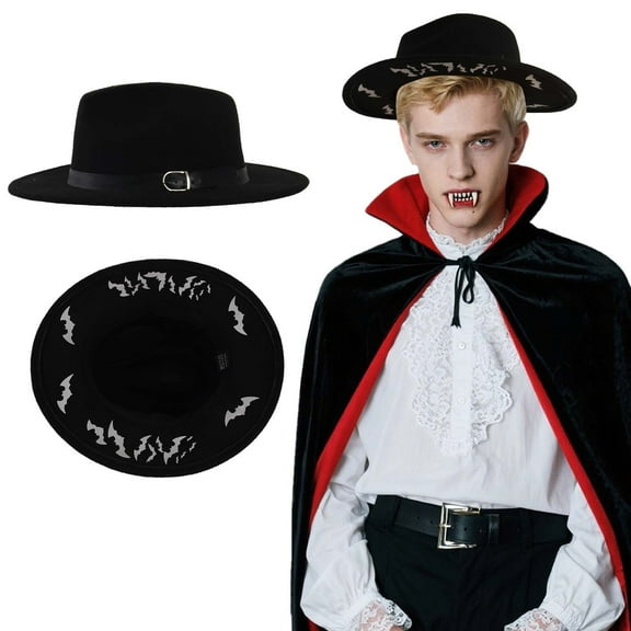 Flat-Top Wool Halloween Hat with Bat Design Outdoor Indoor Holiday Decor Hat