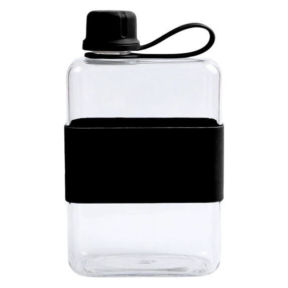 Flat Travel Water Bottle, Reusable Square Flask for Pocket Purse, Leakproof Slim Drinking Bottle for Camping Fitness Outdoor Sports (Black)