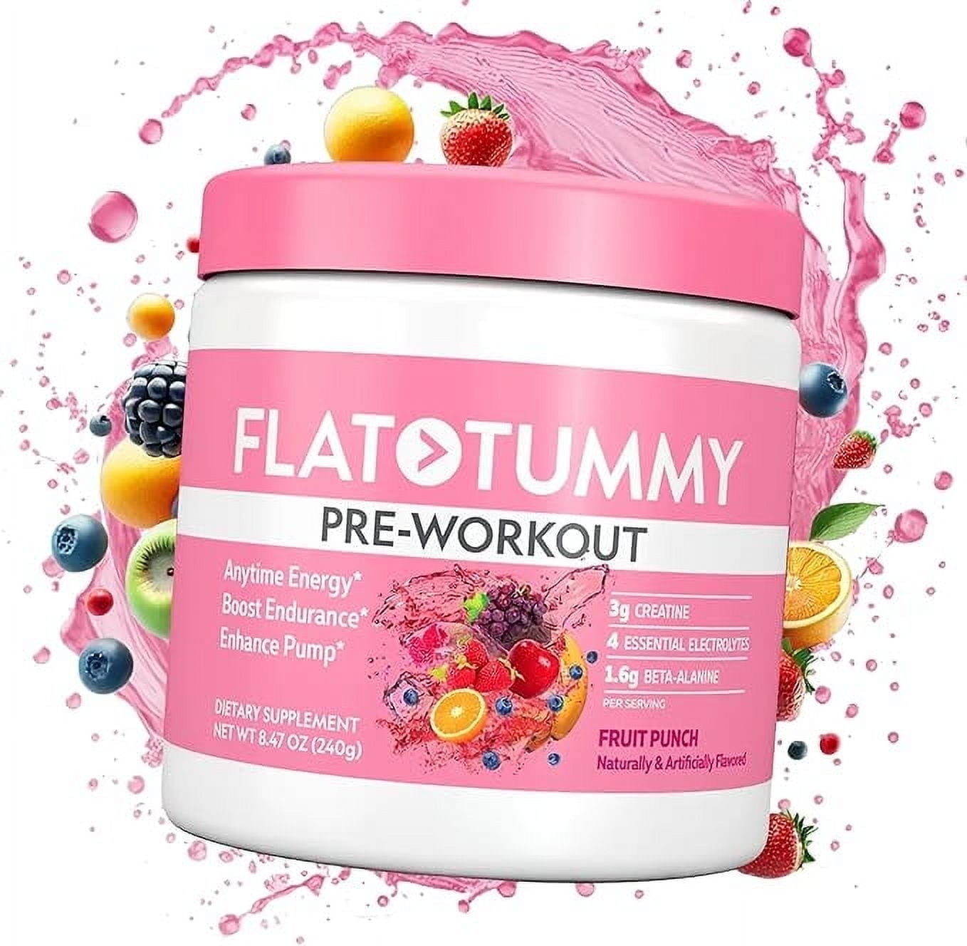 Flat Tummy Pre Workout Powder for Women  Energy, Endurance, Muscle Support, 3g Creatine, 1.6g Beta-Alanine, Sugar Free  Fruit Punch  30 Servings
