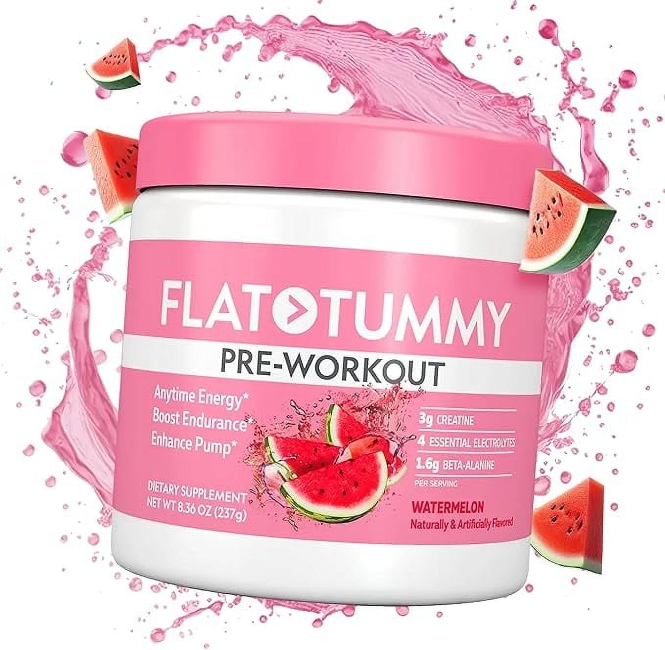 Flat Tummy Pre Workout Powder for Women  Energy, Endurance, Muscle Support, 3g Creatine, 1.6g Beta-Alanine, Sugar Free  Watermelon  30 Servings