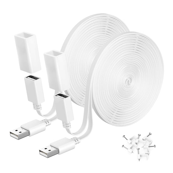 Flat USB Extension Cable White 20FT/6M 2Pack,USB Extender Wire Long Power Cord for Cam V4 V3 V2,OG,, Nest, Mini,XT, Camera Extension Cable Outdoor Indoor Weatherproof
