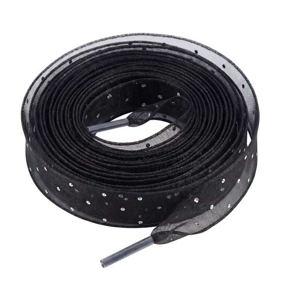 Flat Ultra-Wide 6cm Chiffon Ribbon Overlocked Bow Shoe Laces Strings Rhinestone Embellishment Shiny Shoelaces 1 Pair Black 120cm/47.2"