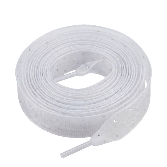 Flat Ultra-Wide 6cm Chiffon Ribbon Overlocked Bow Shoe Laces Strings Rhinestone Embellishment Shiny Shoelaces 1 Pair White 100cm/39.4"