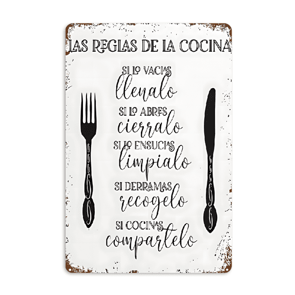 Flat Vintage 2D Metal Poster [8*12 Inches] - Spanish Retro Kitchen Rules, Home, Farm or Office Decor, Antique Iron Art (1 Piece)