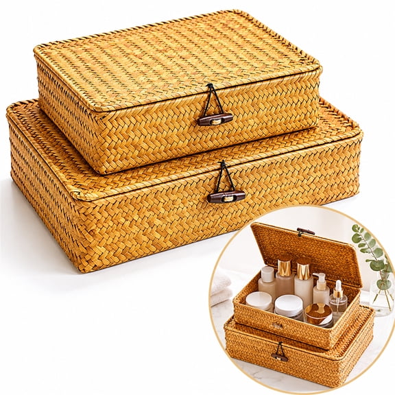 Flat Wicker Shelf Baskets with Lid, Duslogis Seagrass Woven Basket Boxes for Storage Basket Bins Multipurpose Home Decor Organizer (Natural Set of 2)