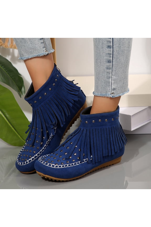 Flat Winter Footwear, Suede Moccasin Boots, Studded Ankle Booties, Womens Fringe Boots, Women Fringe Ankle Boots Spiked Studded Suede Moccasin Booties Flat Non Slip Warm Winter Shoes, Blue 6.5