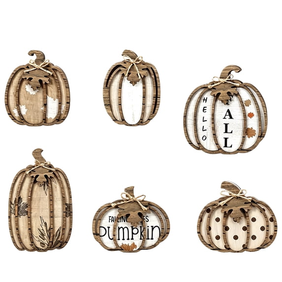 Flat Wooden Pumpkin Figurine For Fall Set Of 6, 2D Harvest Tabletop Ornament, Seasonal Accent For Shelf, Mantel And Indoor Autumn Home Decoration