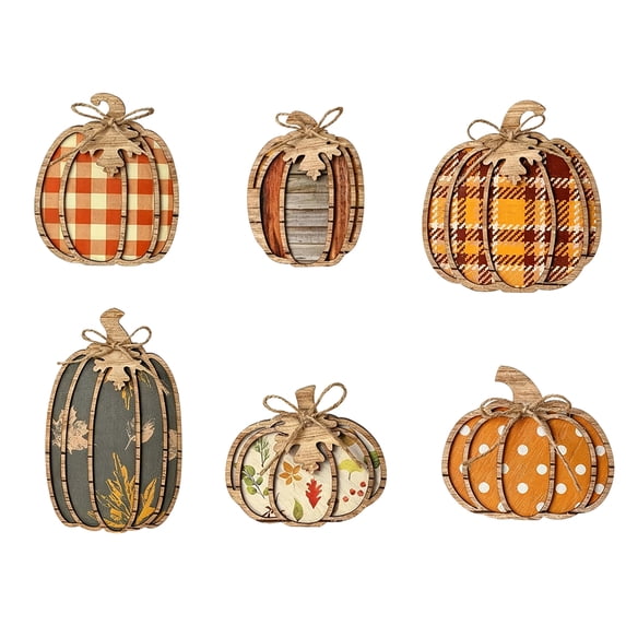 Flat Wooden Pumpkin Figurine For Fall Set Of 6, 2D Harvest Tabletop Ornament, Seasonal Accent For Shelf, Mantel And Indoor Autumn Home Decoration