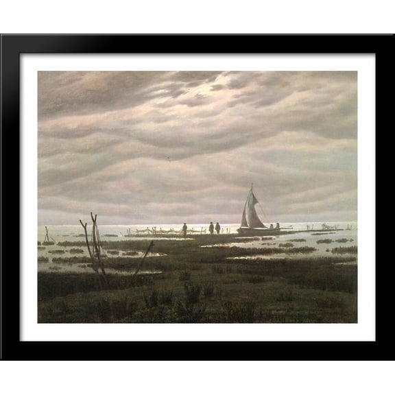 Flat country shank at Bay of Greifswald 34x28 Large Black Wood Framed Print Art by Caspar David Friedrich