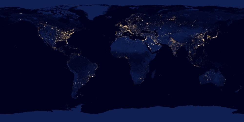 Flat map of Earth showing city lights of the world at night Canvas Art - Stocktrek Images (40 x 20)