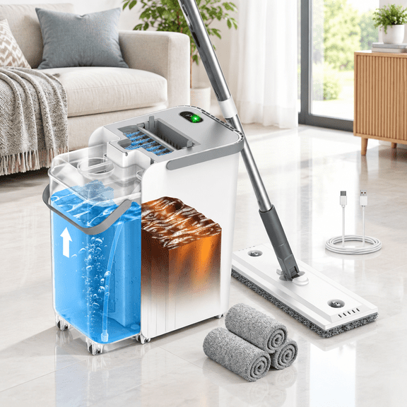 Flat mop and bucket cleaning system with 3 mop pads for home floor care